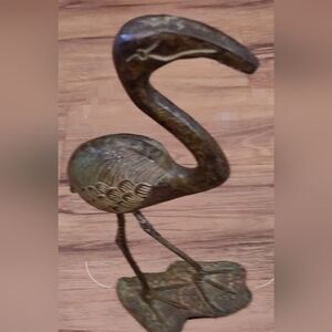 Mid- Century Vintage Solid Brass Patina Finish Heron / Crane Figurine Decor 13"+
